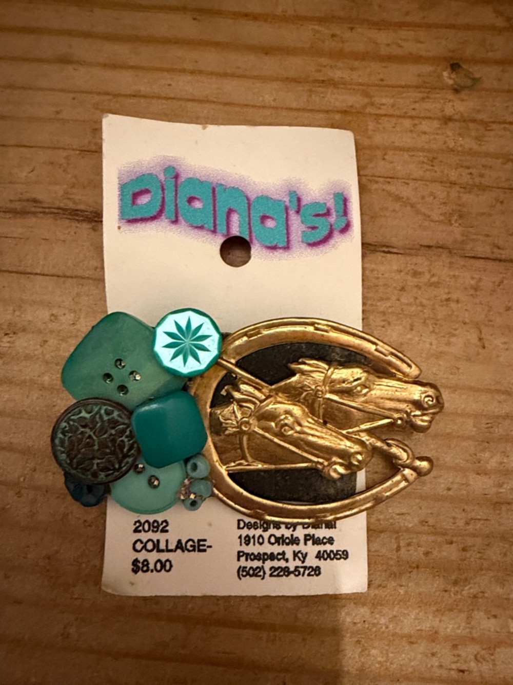Hand Crafted Teal and Gold Horse Collage Brooch - Diana's!